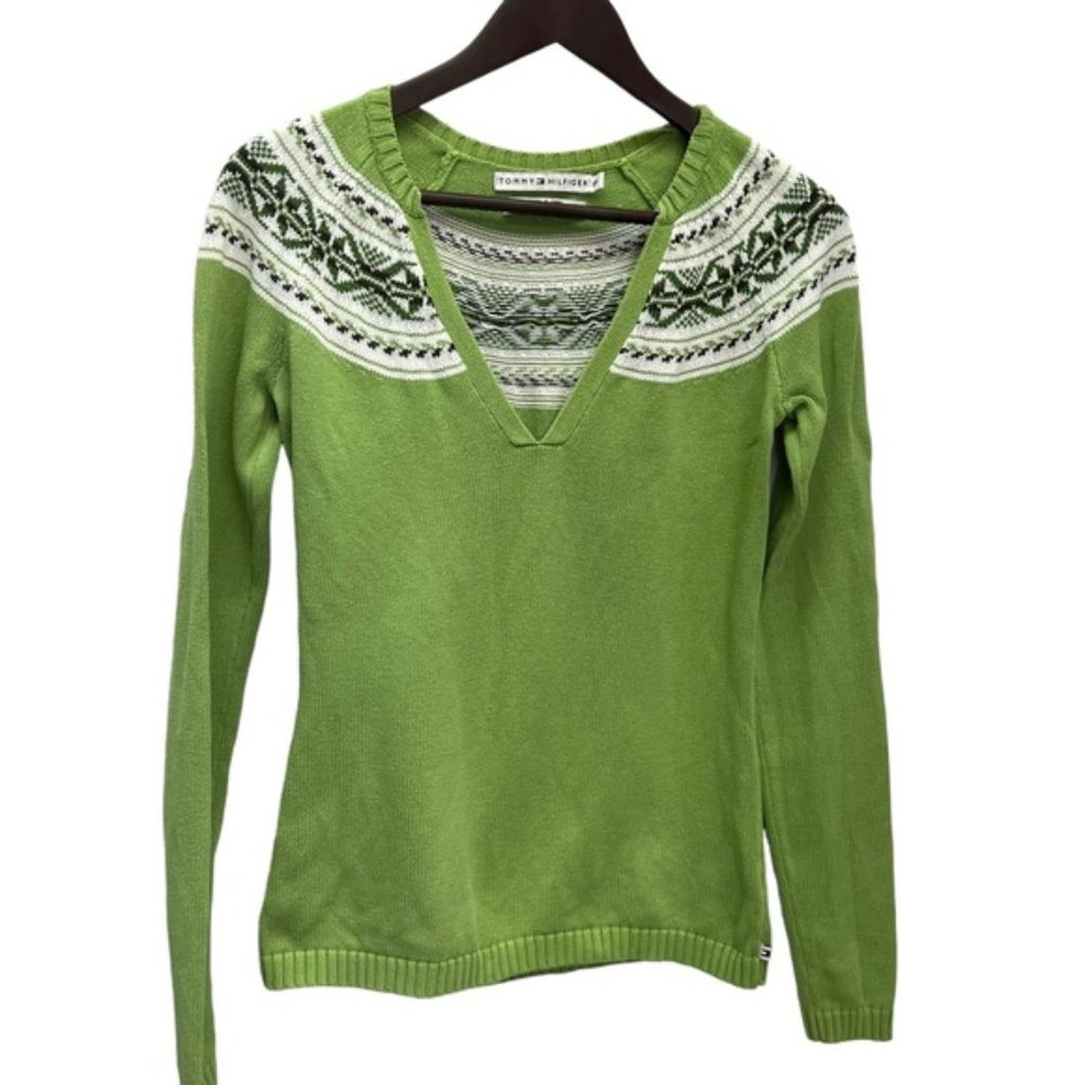 Tommy Hilfiger Green Fair Isle V  Neck Cotton Pullover Sweater Size S